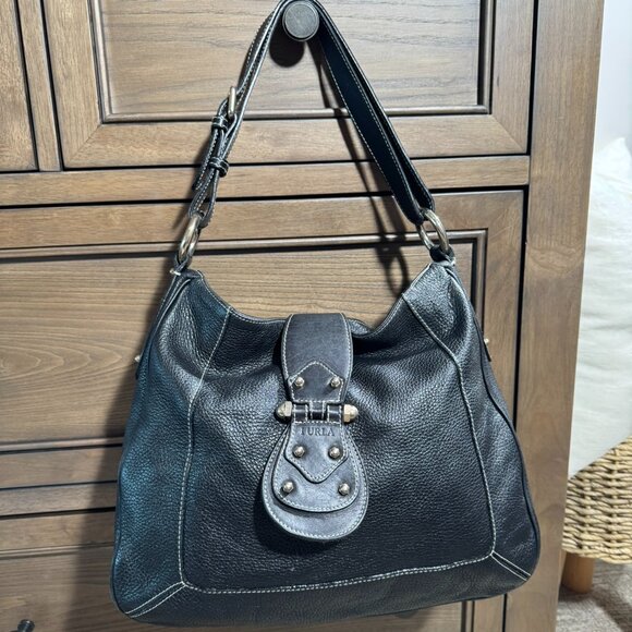 FURLA Black Pebbled Leather Hobo Shoulder Bag - Picture 2 of 11